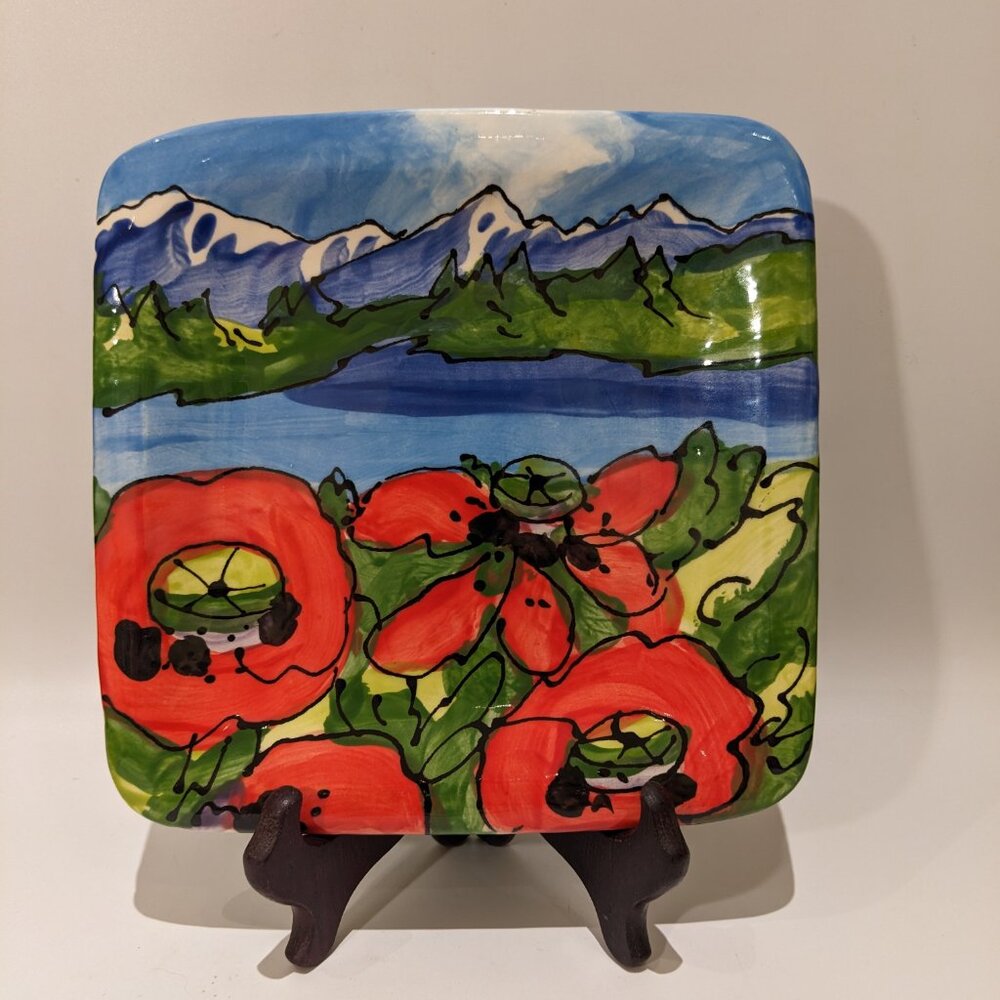 Hand-Painted Decorative Plate – Double-Sided Art – Mountain, River & Poppies